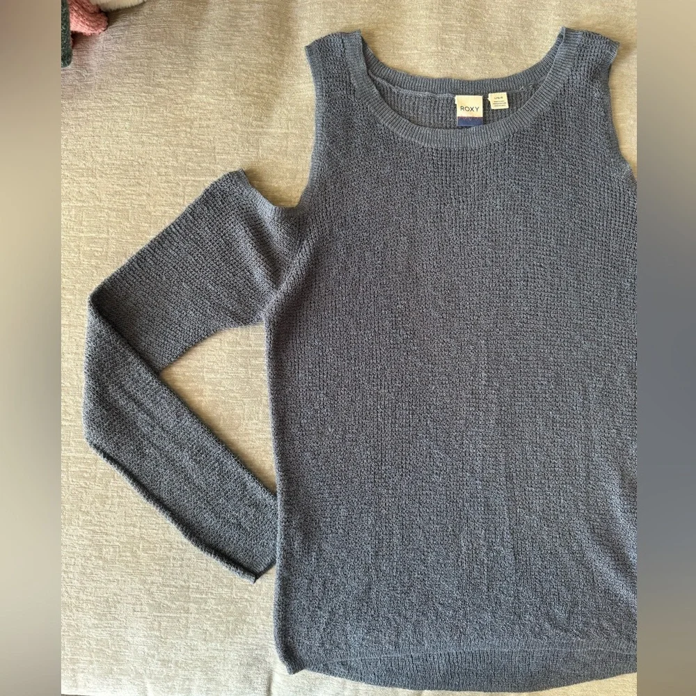 Roxy Cold Shoulder Sweater Top Blue Knit Long Sleeve Size L
